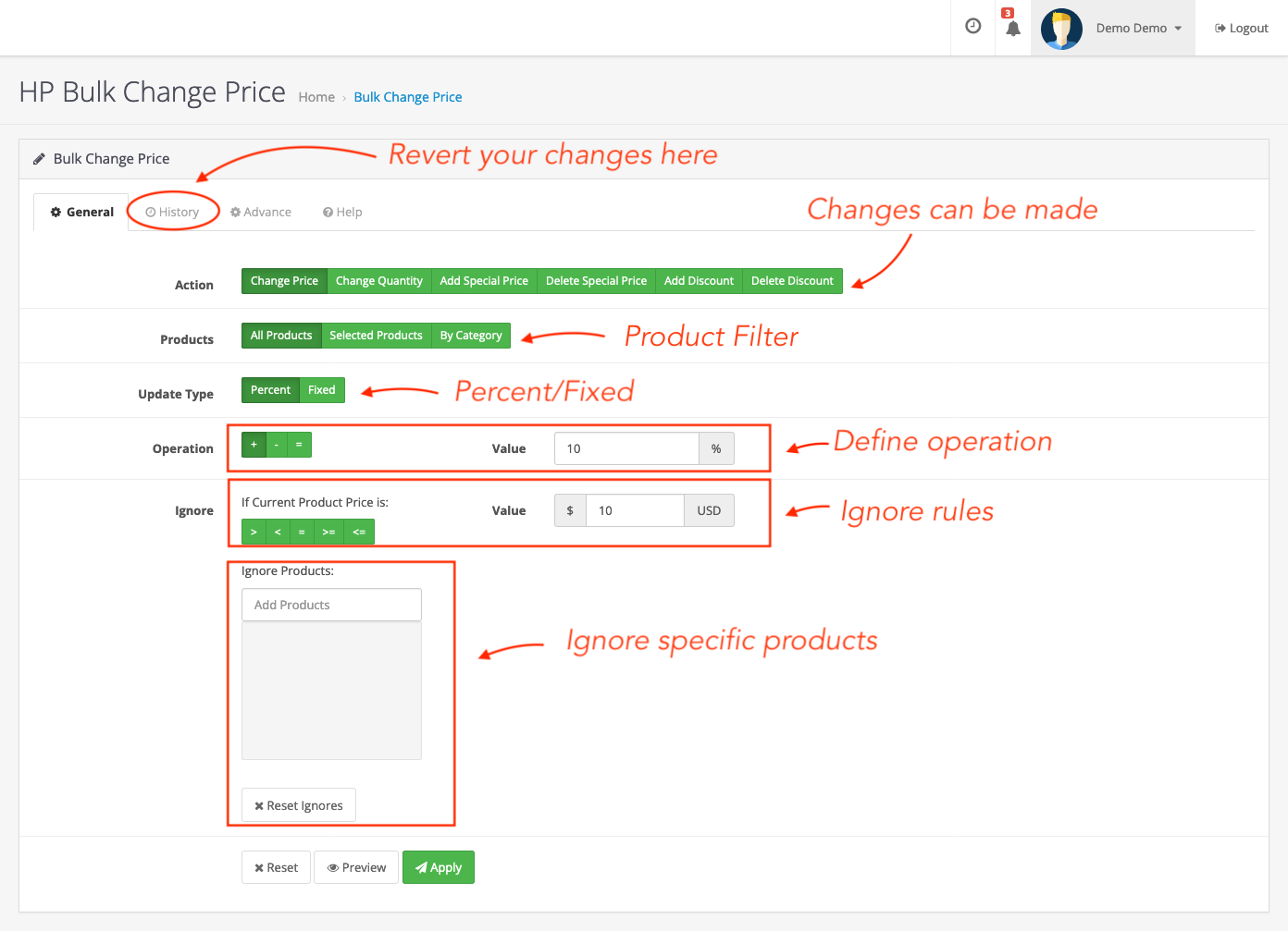 bulk change price, quantity, special and discounts for opencart